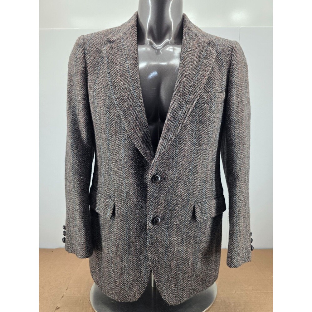 Vtg Harris Tweed 40S Brown Herringbone Wool USA Mens Blazer Jacket Sport Coat - Picture 5 of 13